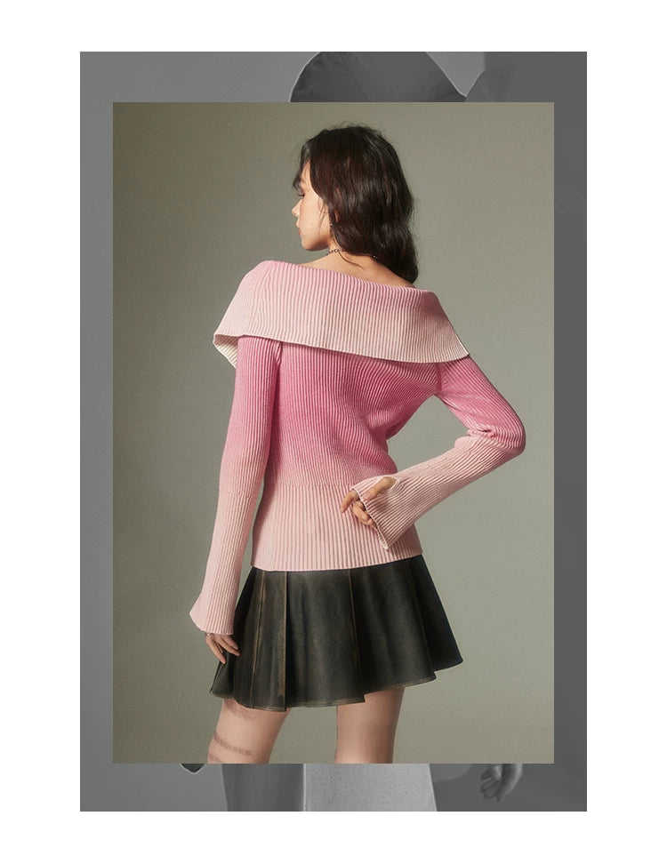 Bow Gradient Print Zipper Knit Sweater