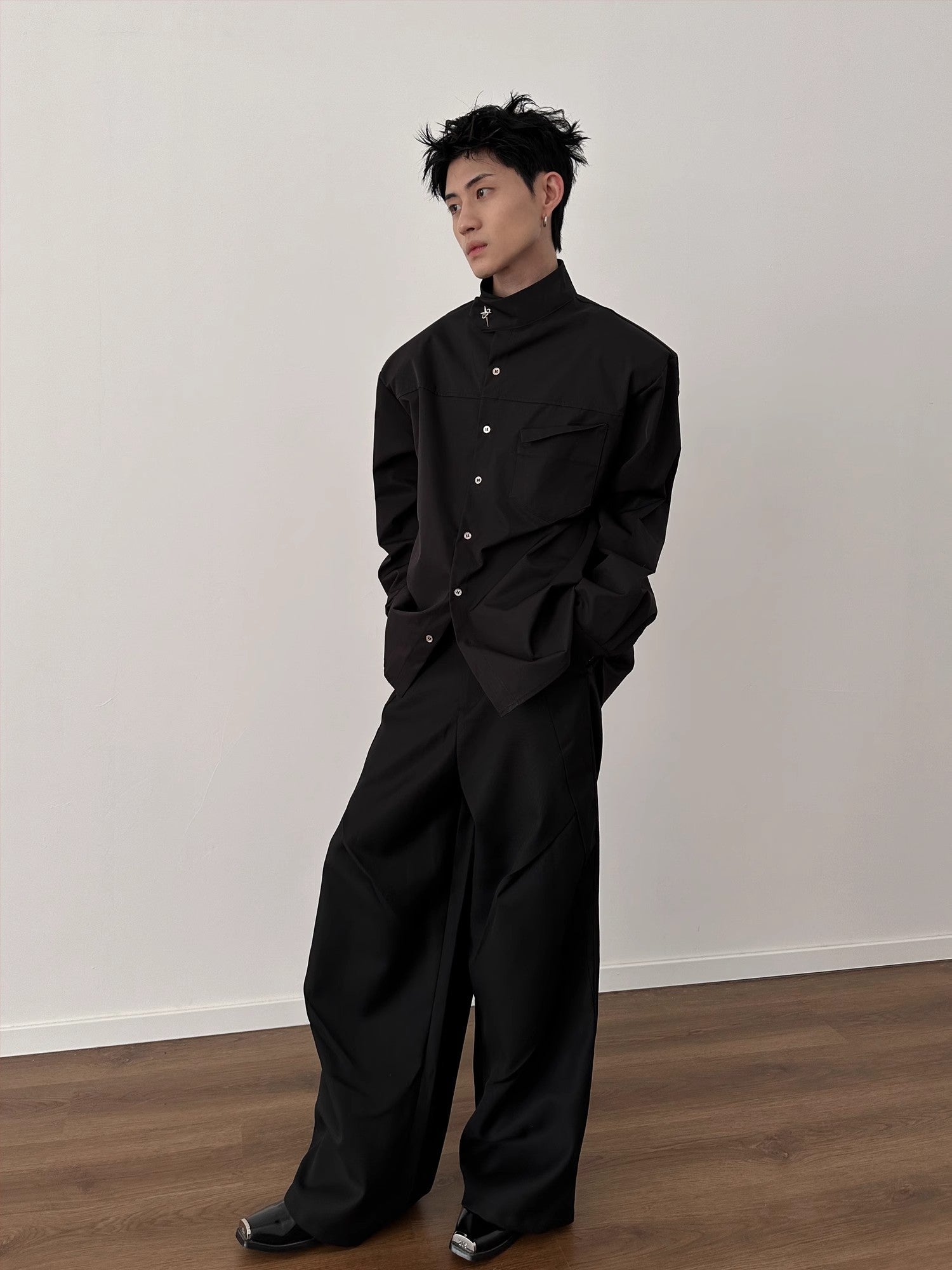 Metal Logo Button Up Stand Neck Long Sleeve Shirt