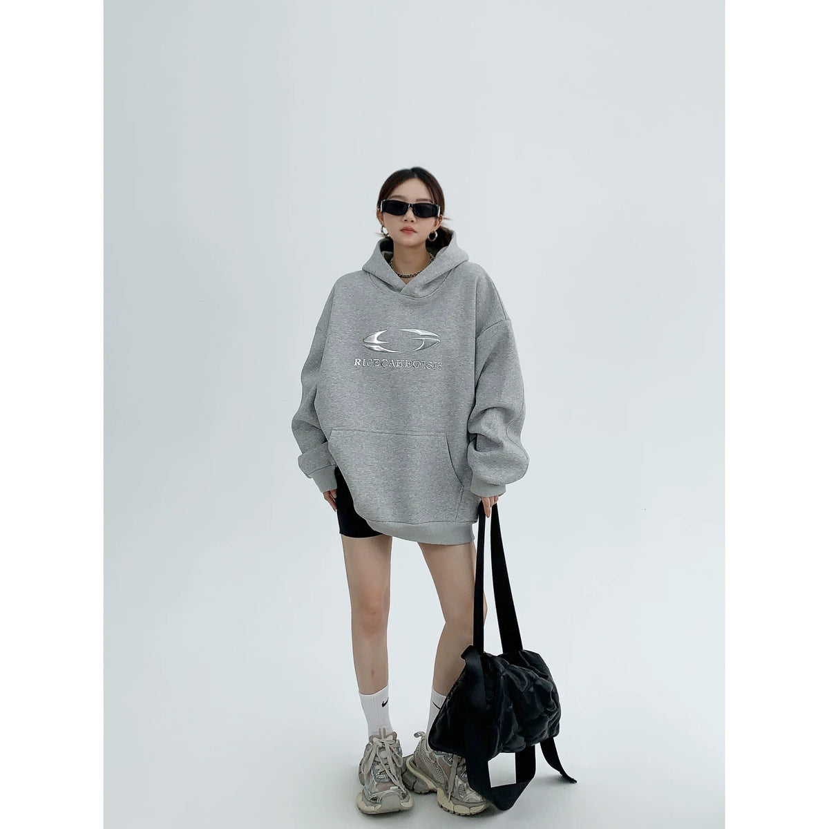 Silver Logo Print Oversized Hoodie