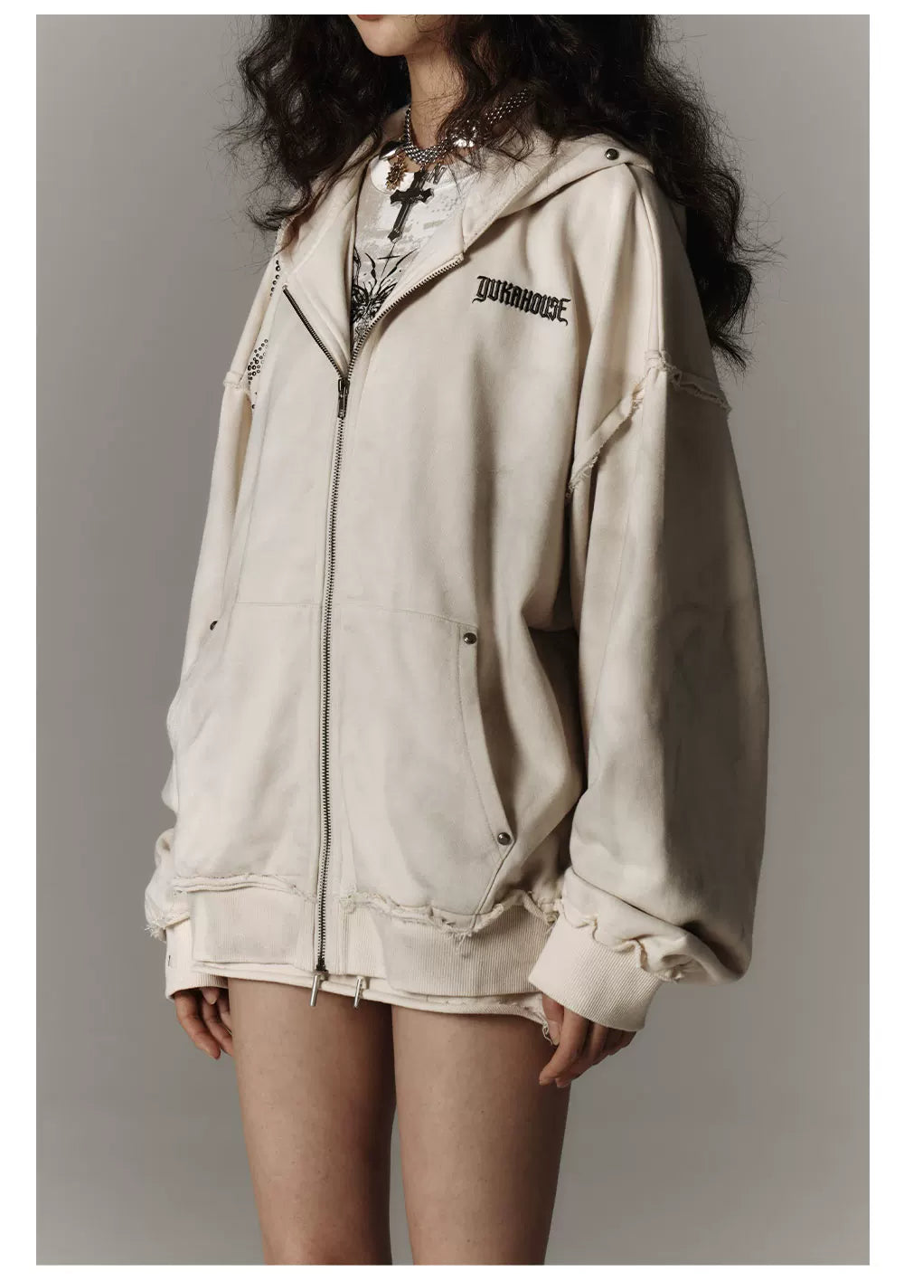 Washed Damage Oversize Zipper Hoodie & Short Skirt & Wide Leg Pants Setup
