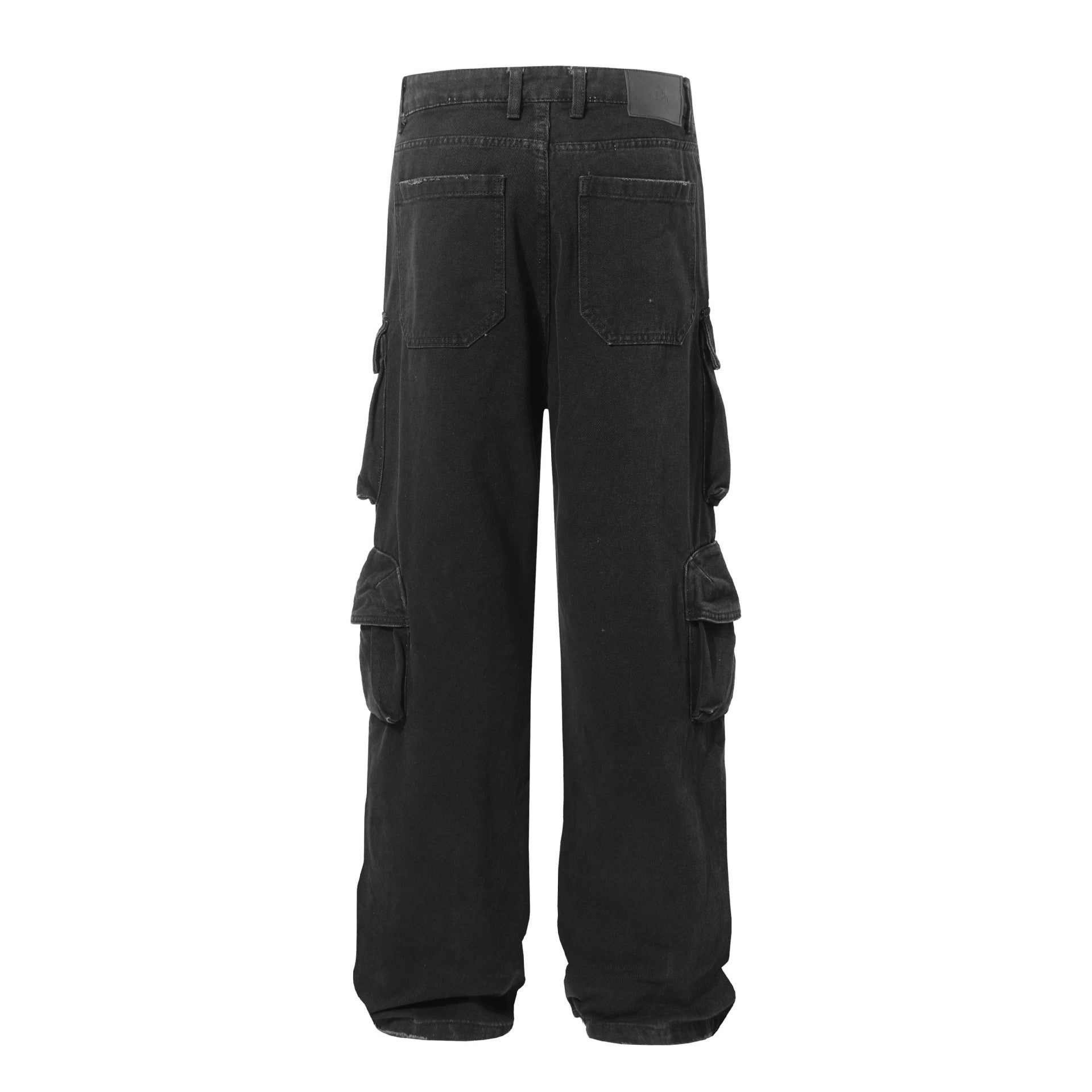 Washed Damage Multi-Pocket Straight Cargo Denim Jeans