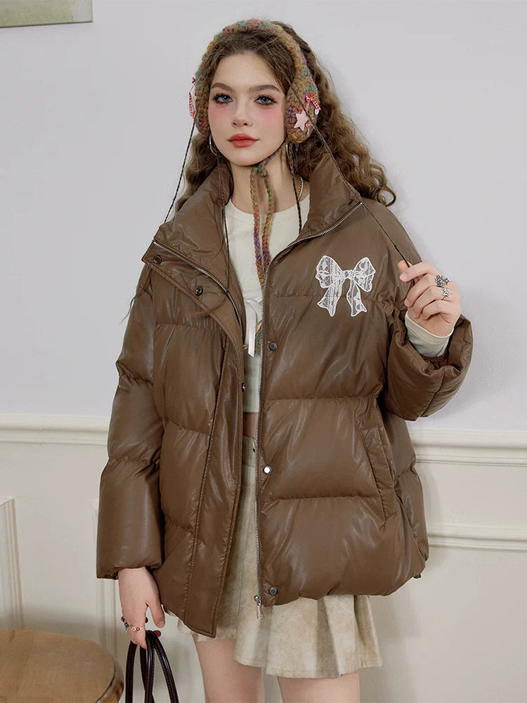 Fake PU Leather Stand Neck Lace Patchwork White Duck Down Jacket