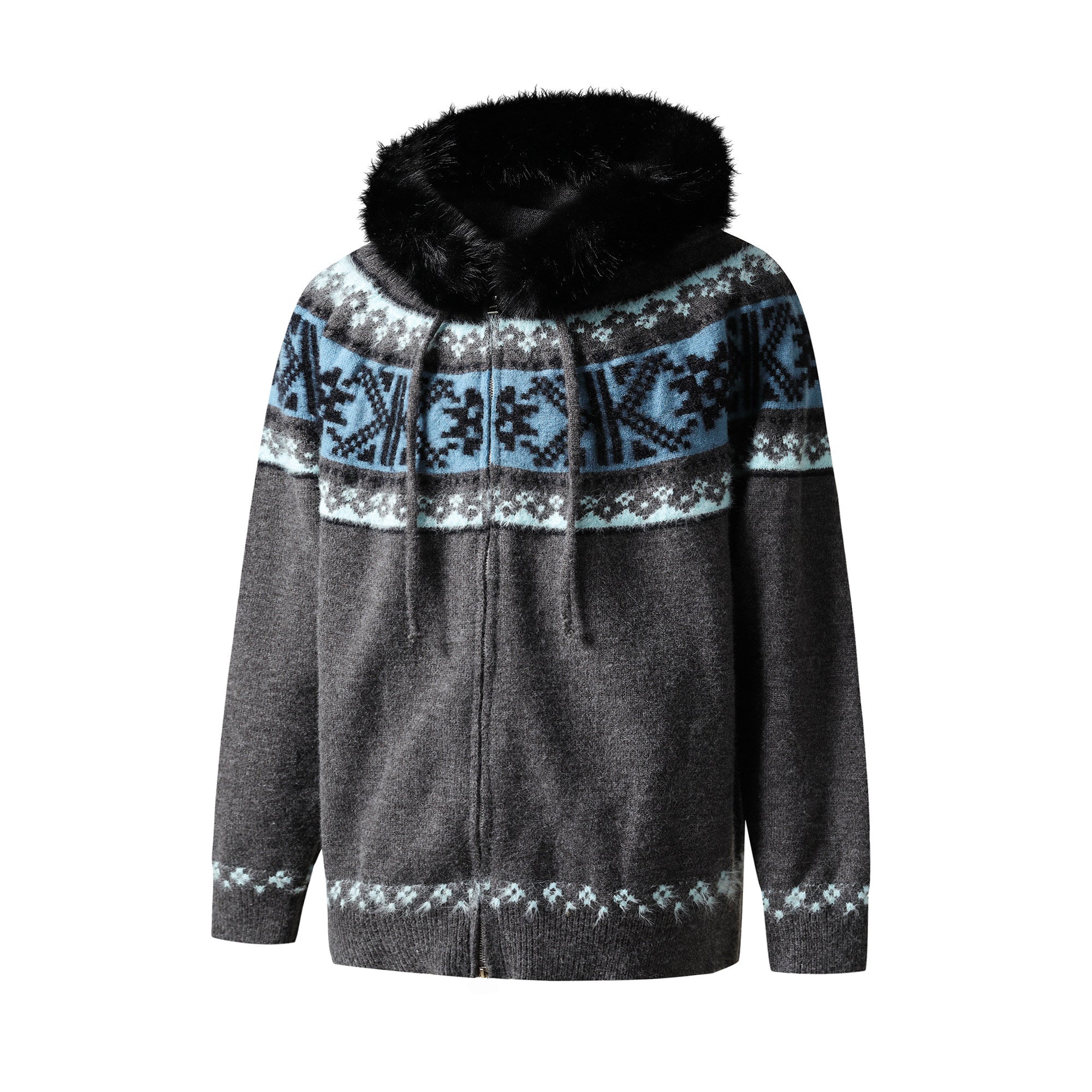 Fur Collar Fair Isle Hooded Knit Cardigan