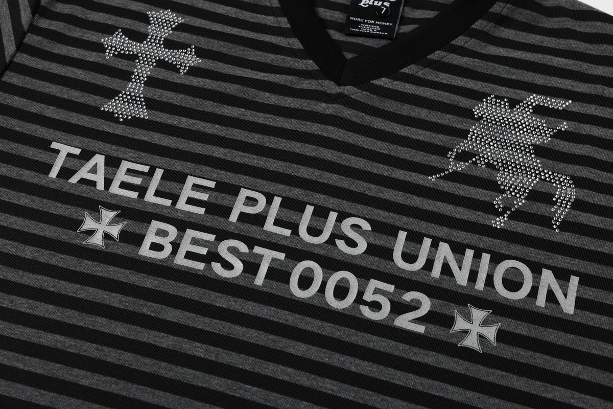 Stripe Cross Rhinestone Short Sleeve T-Shirt