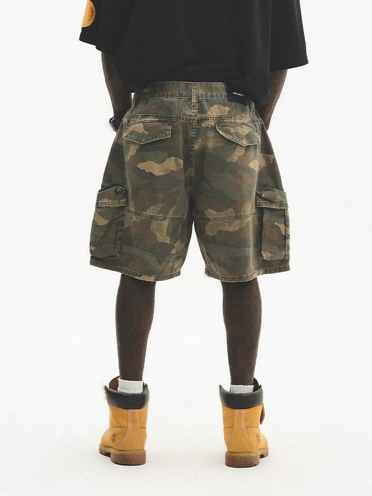 Washed Multi-Pocket Wide Leg Cargo Short Pants