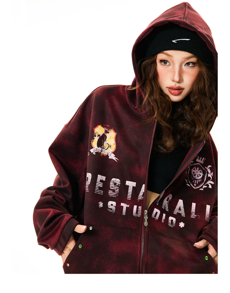 Tie-Dye Letter Print Oversize Zipper Hoodie
