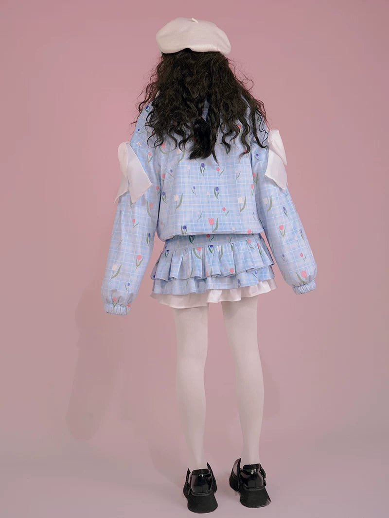 Flower Print Bow Fleece Lining Puffer Jacket