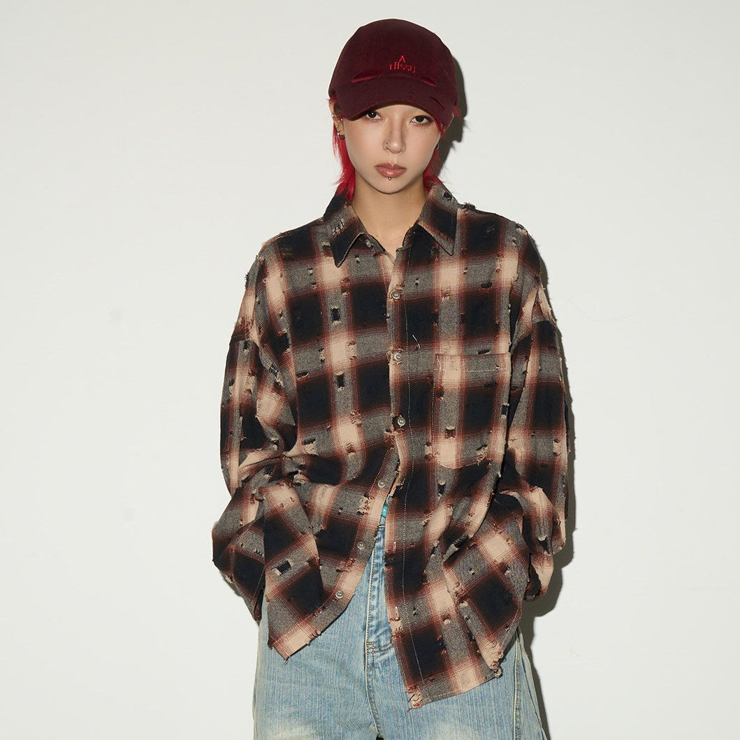 Ripped Plaid Oversize Long Sleeve Shirt