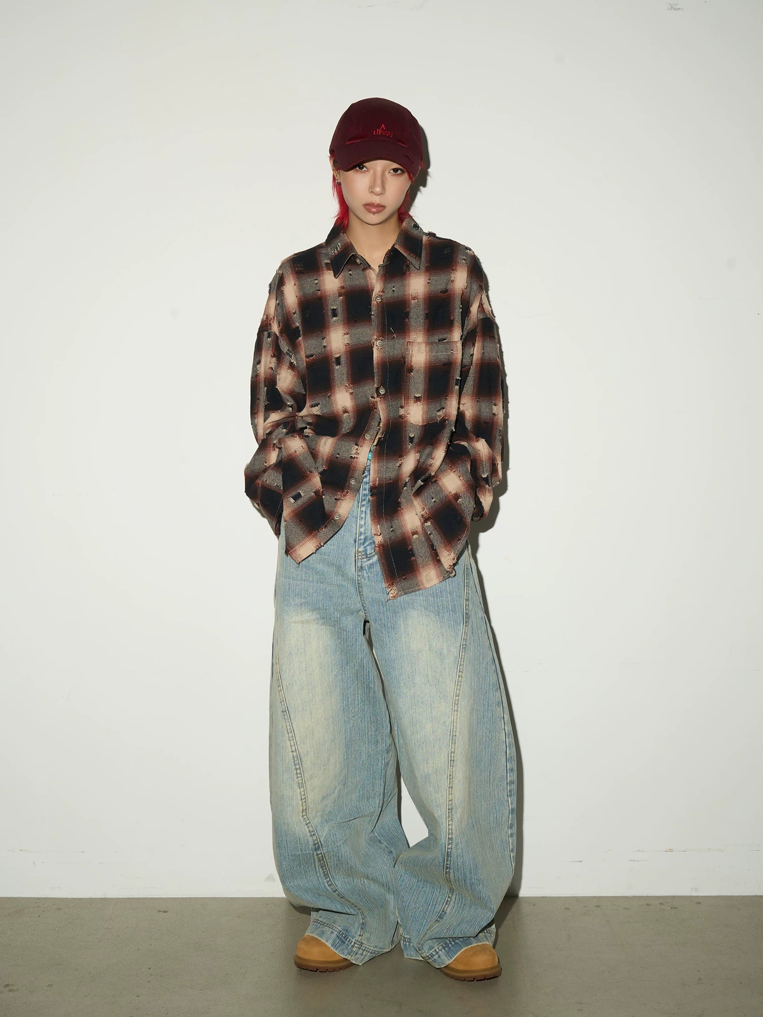 Ripped Plaid Oversize Long Sleeve Shirt