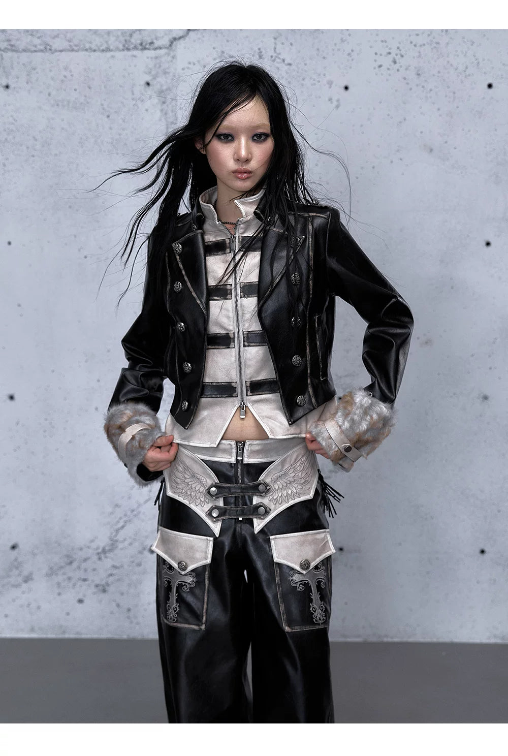 Standing-Collar Belt Detail Fake Fur Cuff PU Leather Jacket