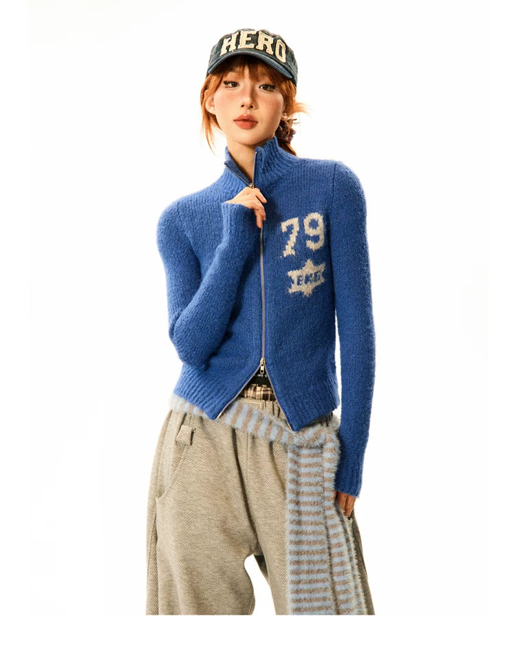Number Patch Knit Zipper Stand Neck Cardigan