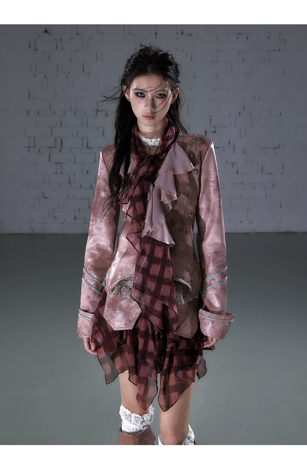Ruffle Tie-Neck Slim Fit Long Sleeve Shirt