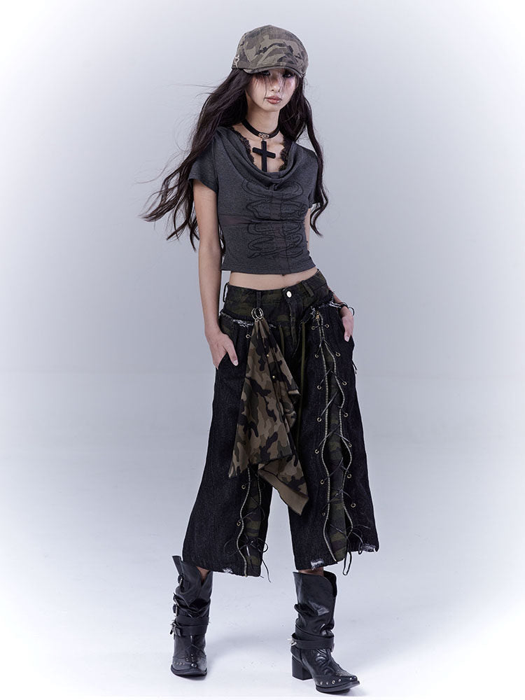Camouflage Lace-Up Damage Cropped Denim Jeans & Scarf Set