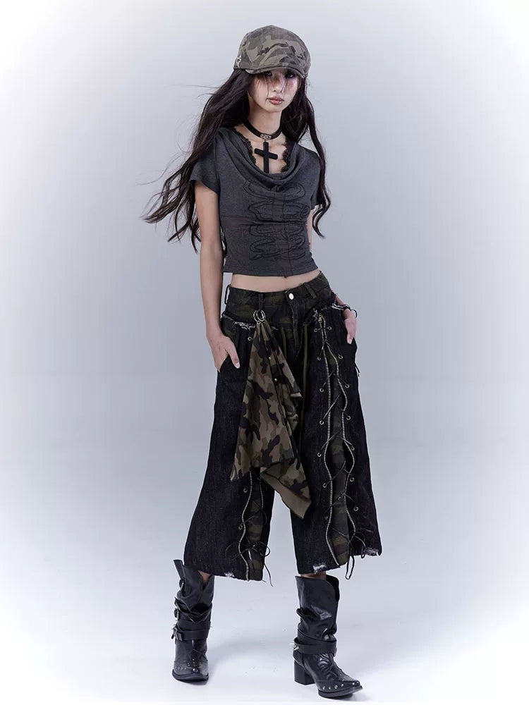 Camouflage Lace-Up Damage Cropped Denim Jeans & Scarf Set