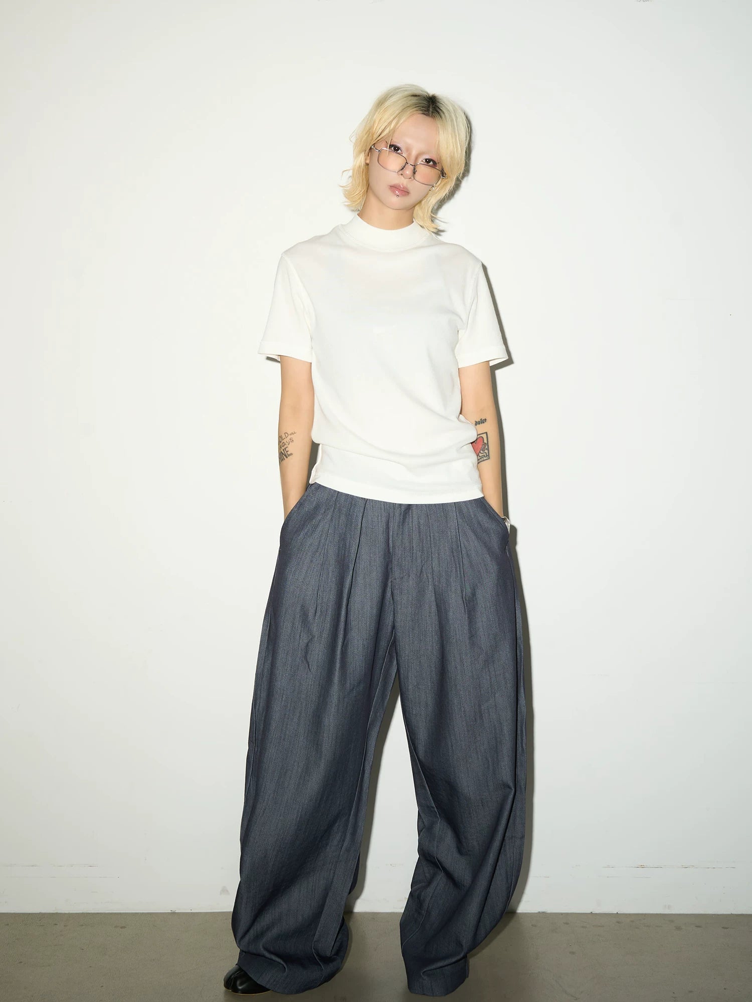 Pleats Elastic Waist Wide Leg Trousers