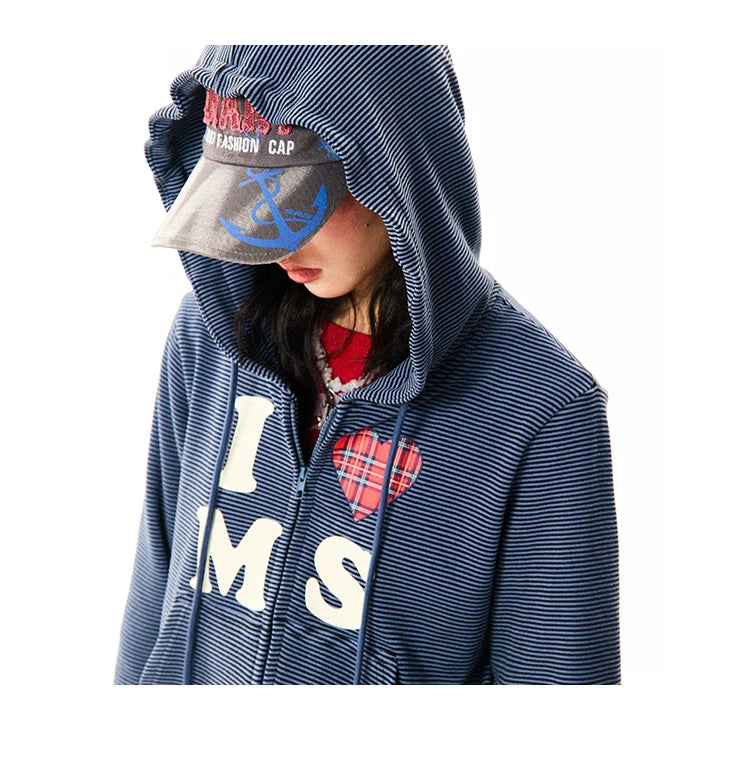 Heart Letter Print Stripe Cropped Zipper Hoodie