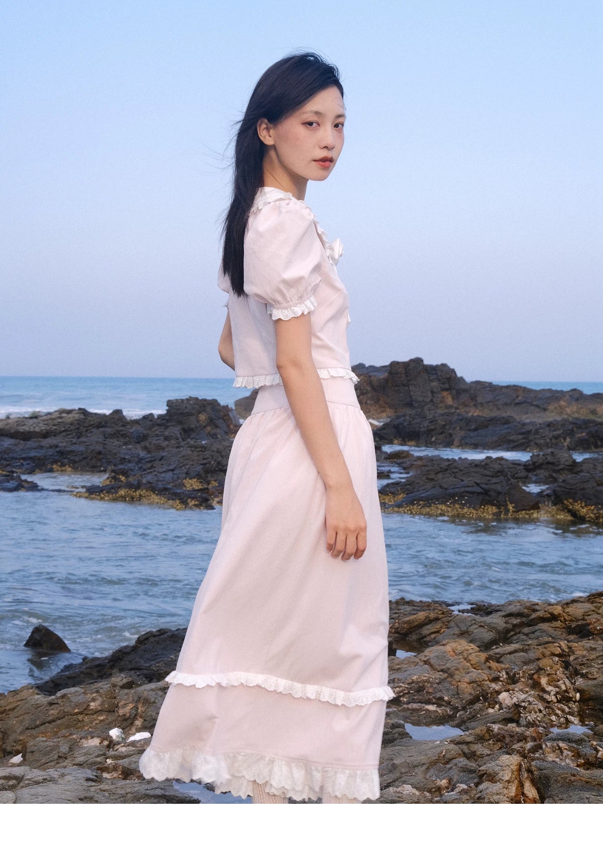 Lace Details Bow Blouse & Lace Trim Skirt Setup