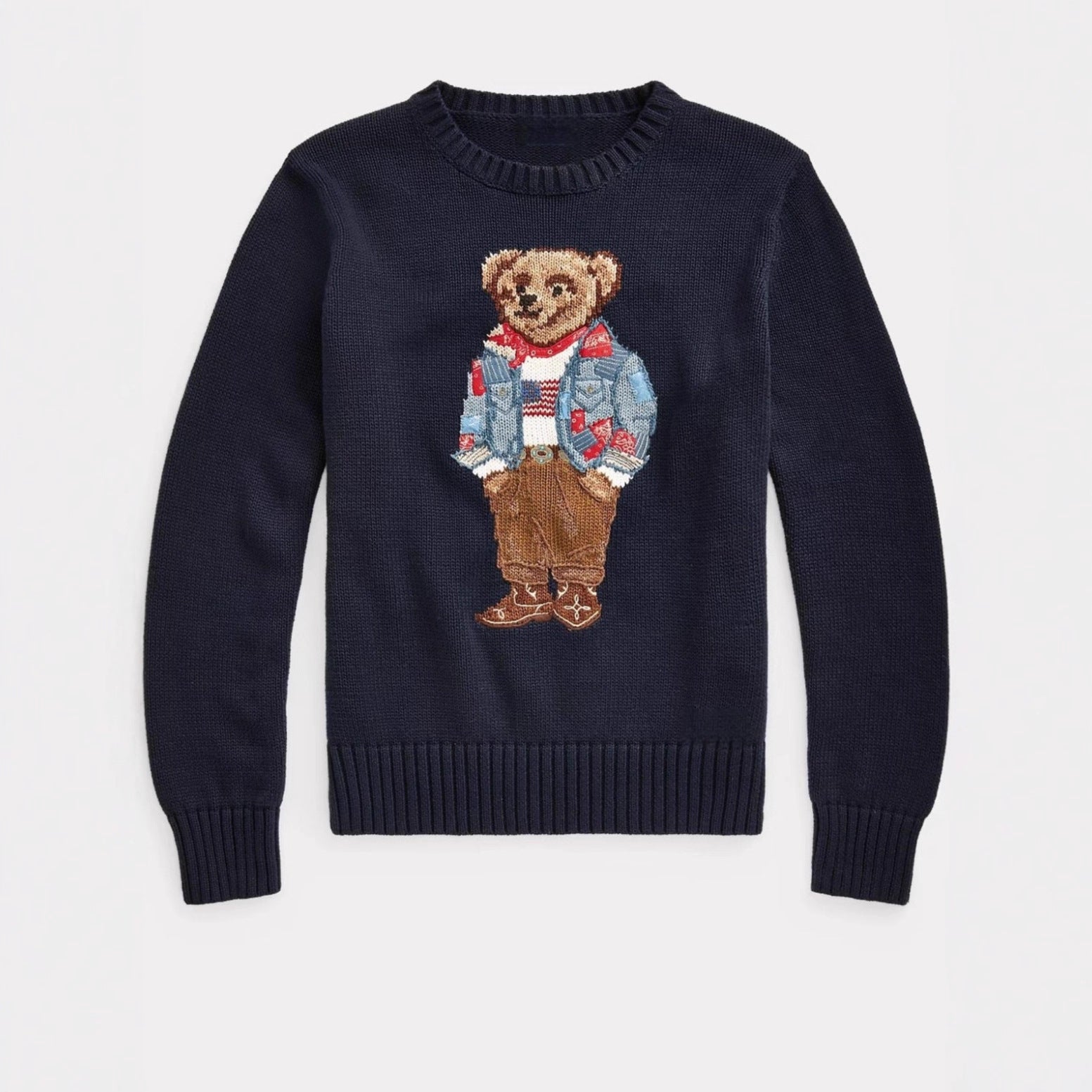 Schwerer Baumwollpullover mit Bärenmotiv und Rundhalsausschnitt