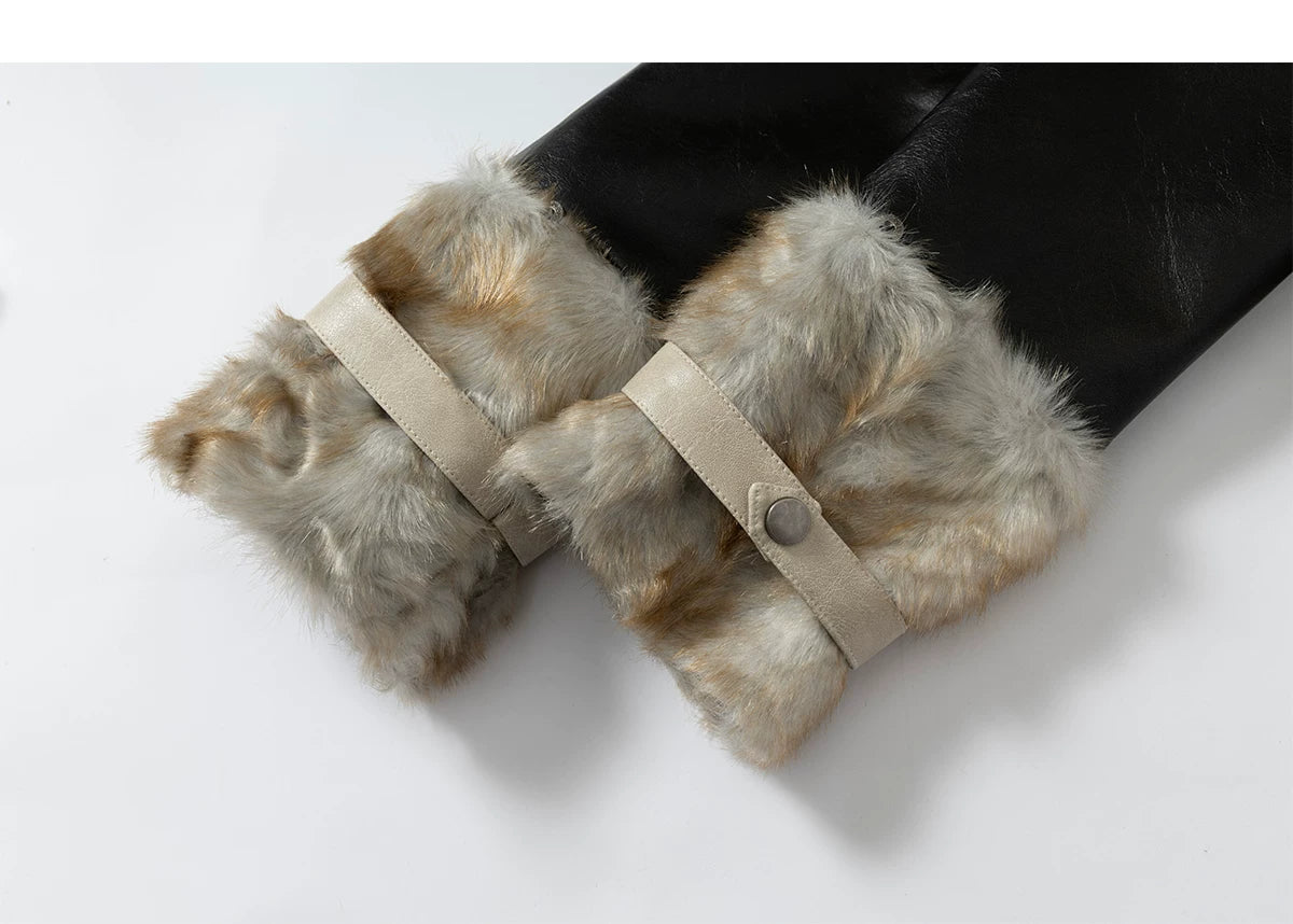 Standing-Collar Belt Detail Fake Fur Cuff PU Leather Jacket