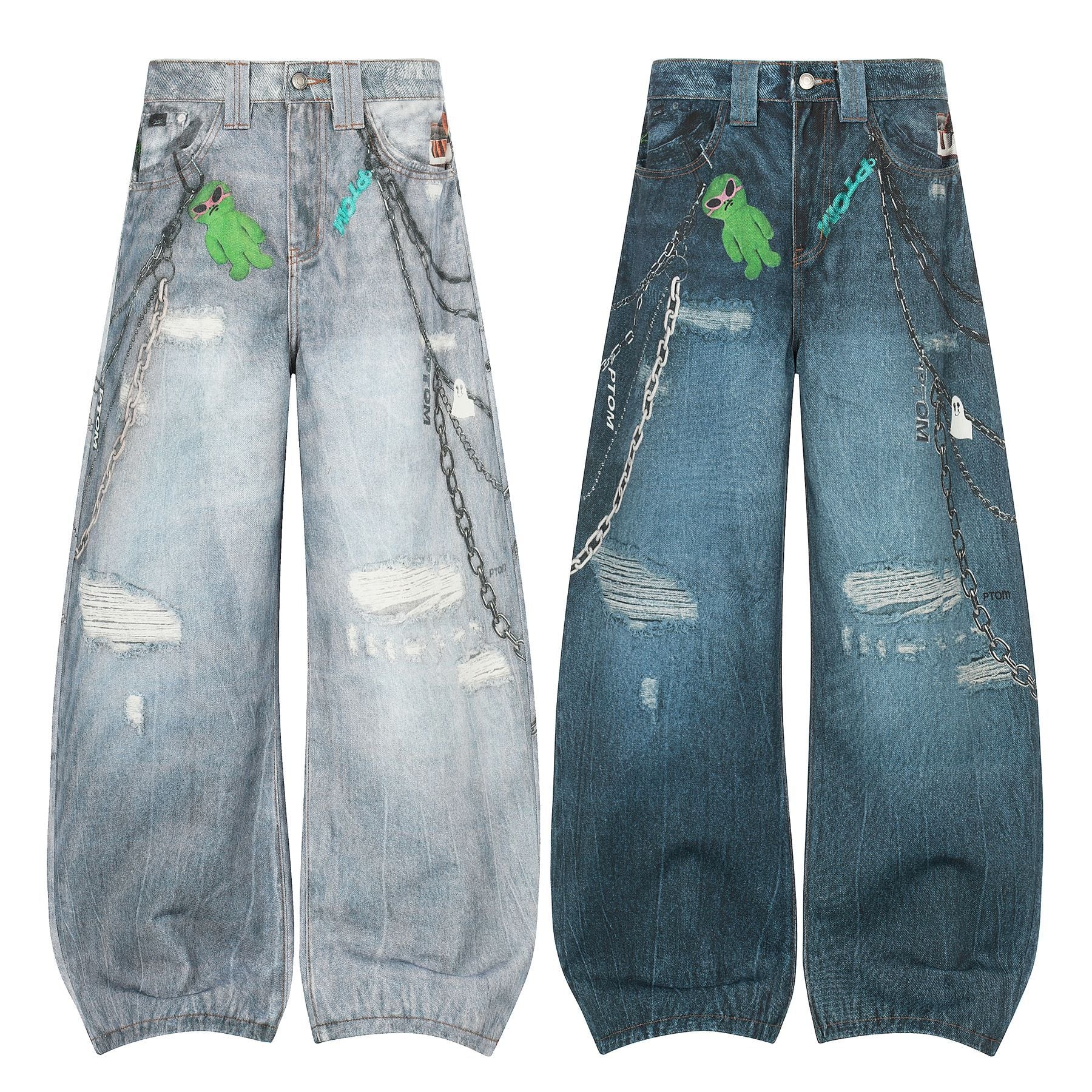 Washed 3D Print Curved Wide Leg Denim Jeans