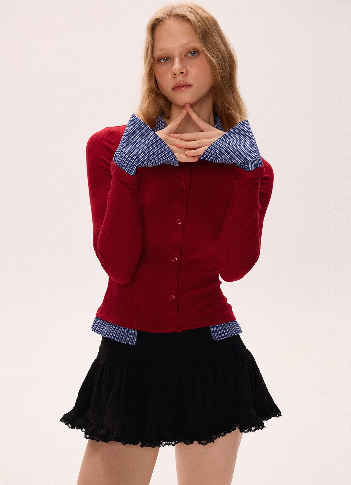 Two Tone Polo Neck Patchwork Knit Shirt