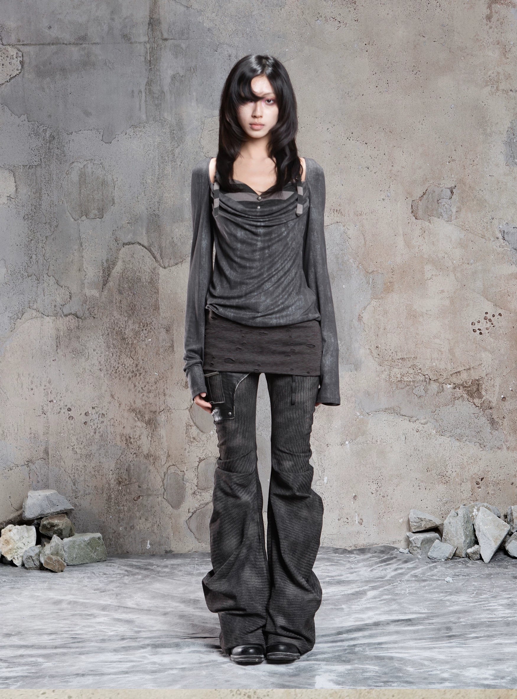 Fake Two-Piece Draped Pleated Mid- Length Slimming Long Sleeve T-Shirts