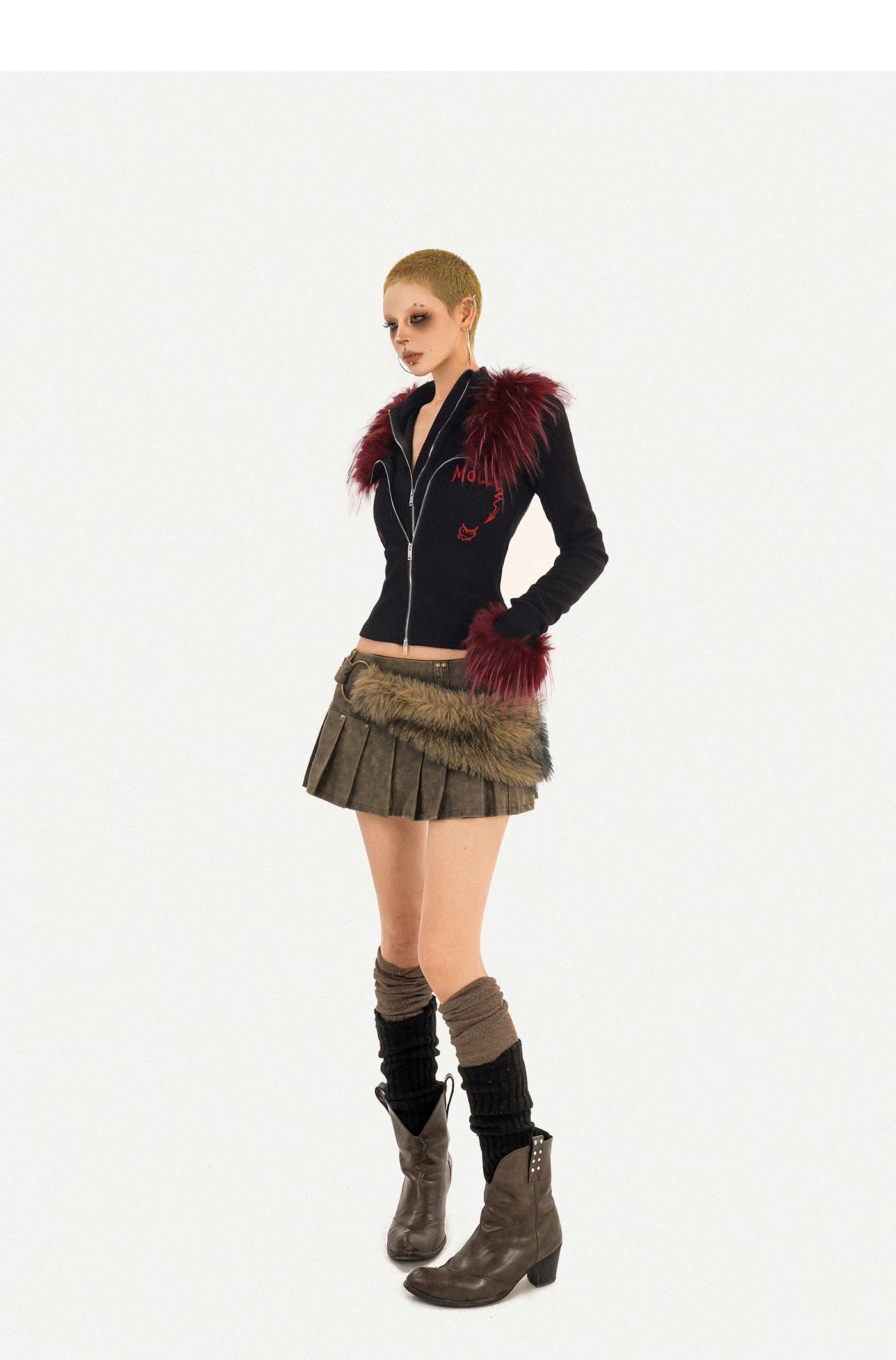 Fake Layered Double Zipper Flame Fake Fur Collar Knit Cardigan