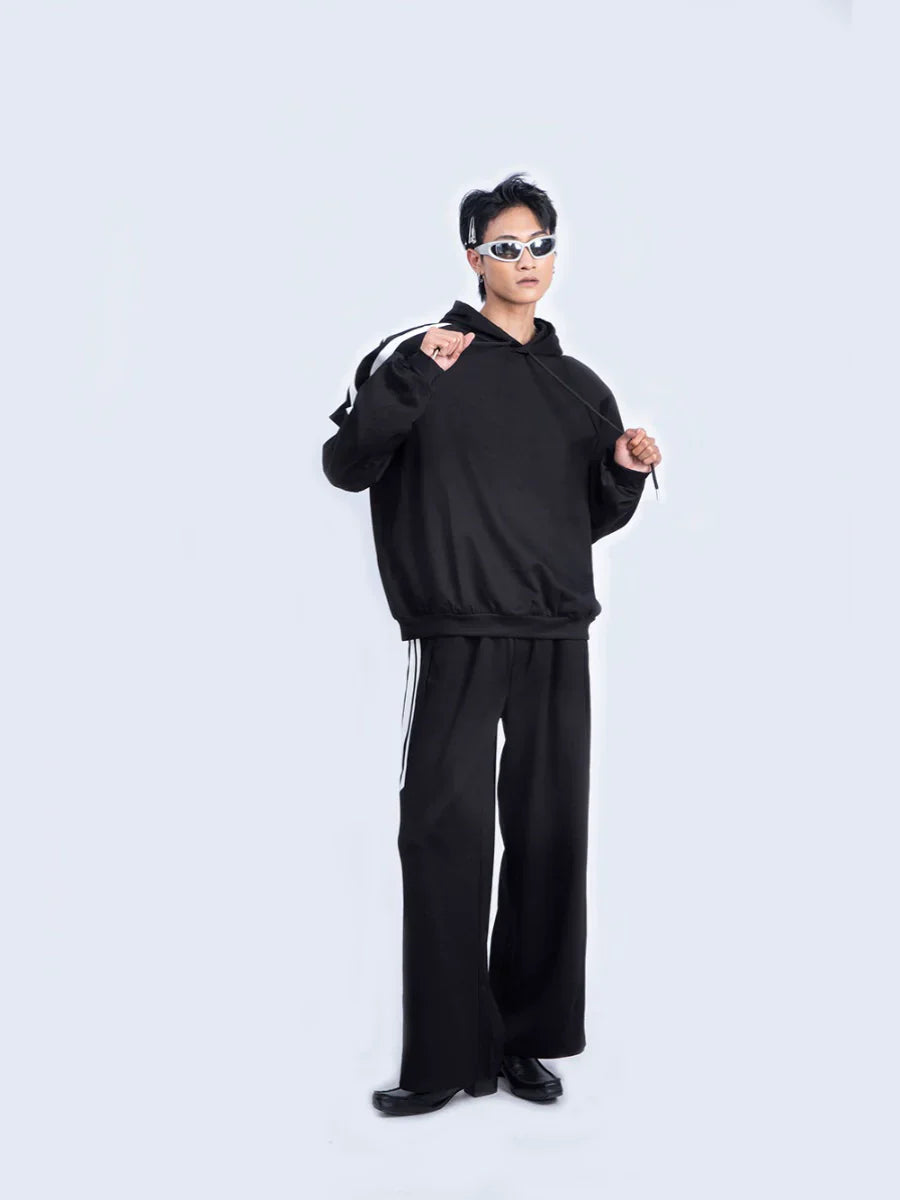 Contrast Pullover Hoodie & Wide-Leg Straight Sweatpants Setup