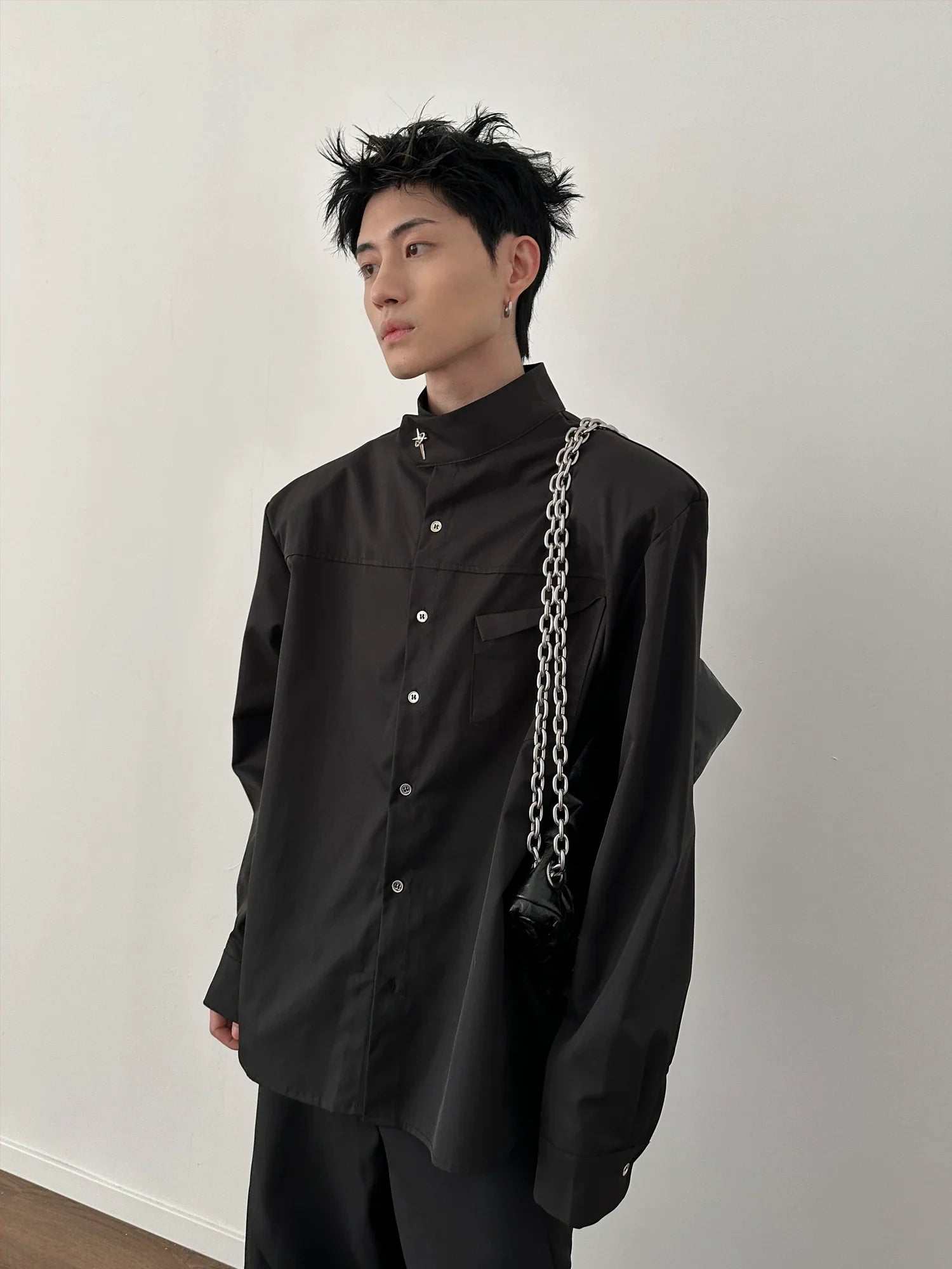 Metal Logo Button Up Stand Neck Long Sleeve Shirt