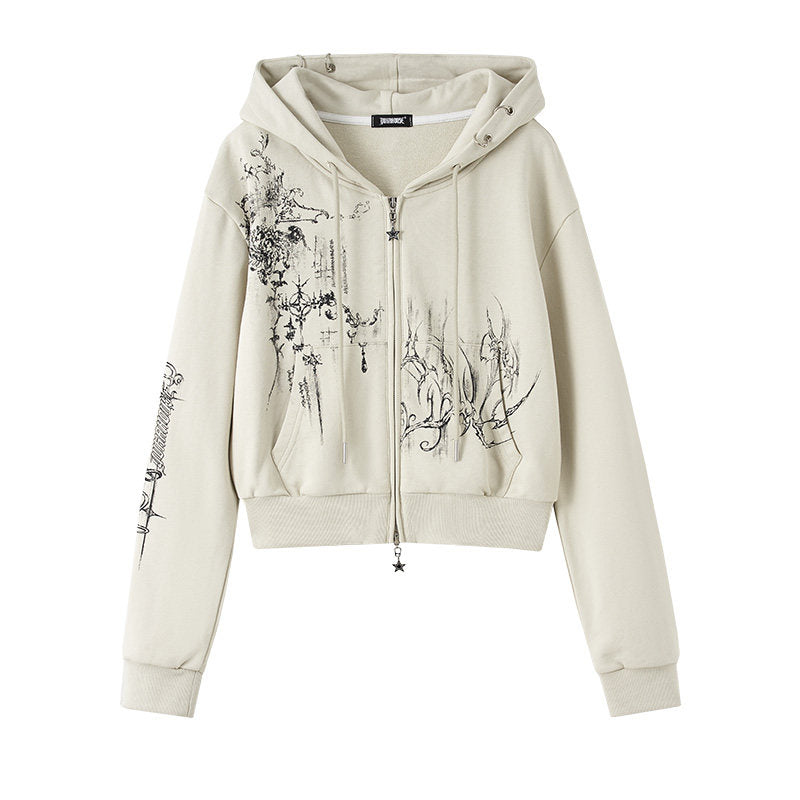 Cropped Graphic Print Zipper Hoodie