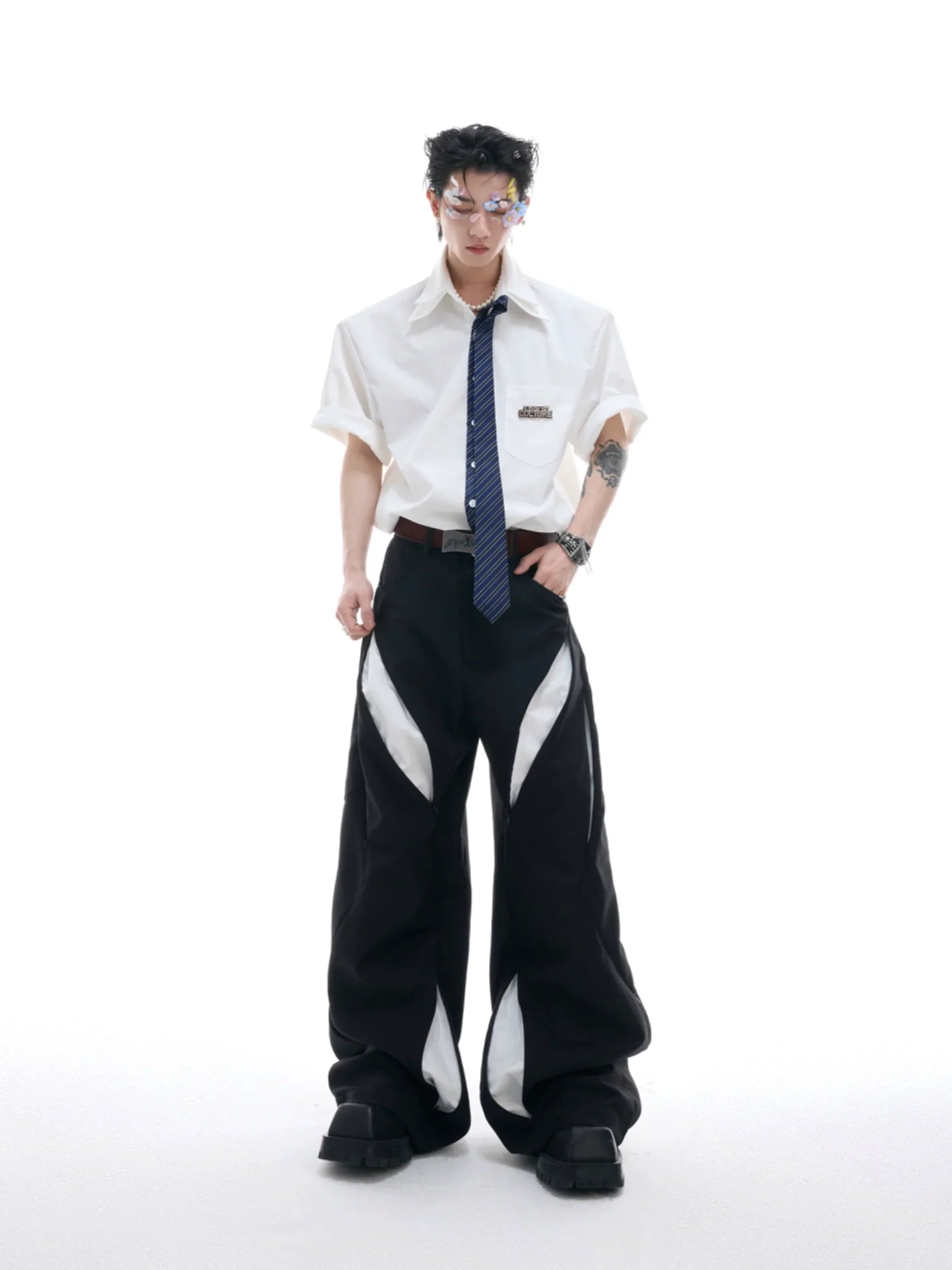 Double Collar Design Tie & Collared Short Sleeve Shirt