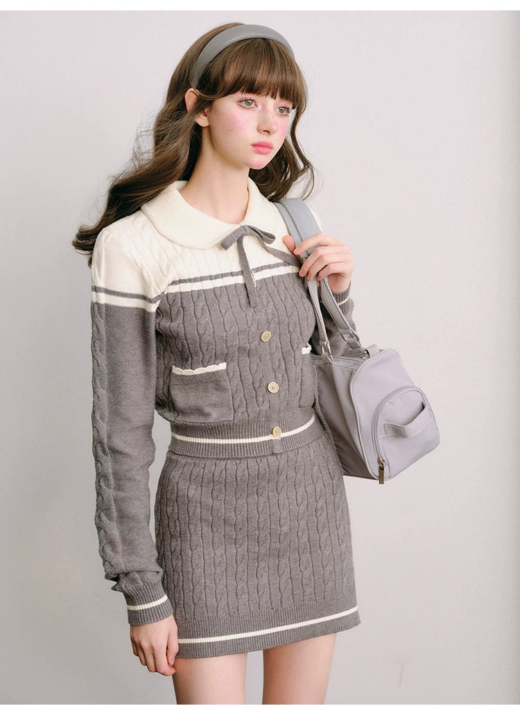 Bow Round Collar Knit Cardigan & Knit Short Skirt Setup