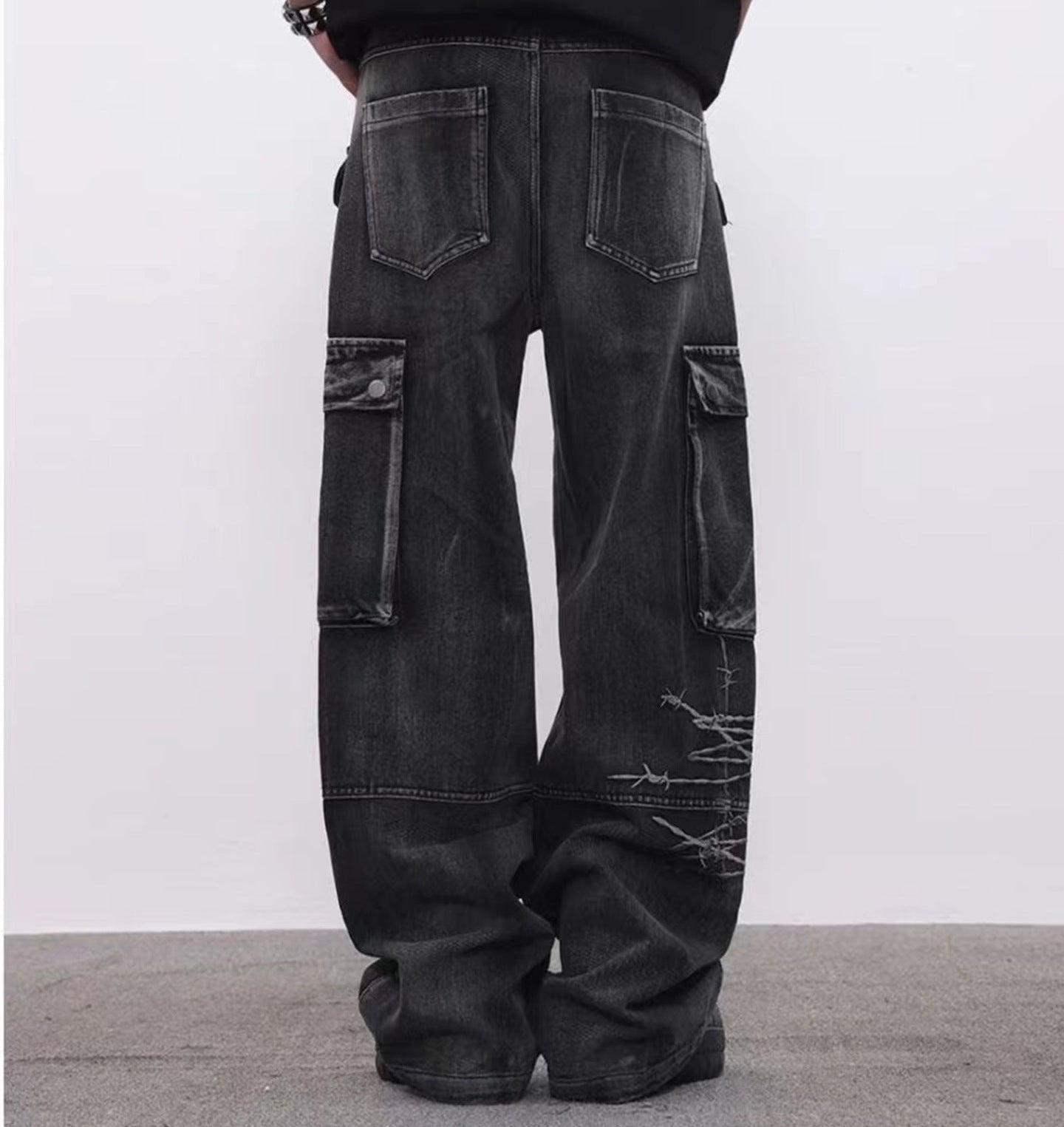 Cargo Pocket Embroidery Wide Leg Denim Jeans