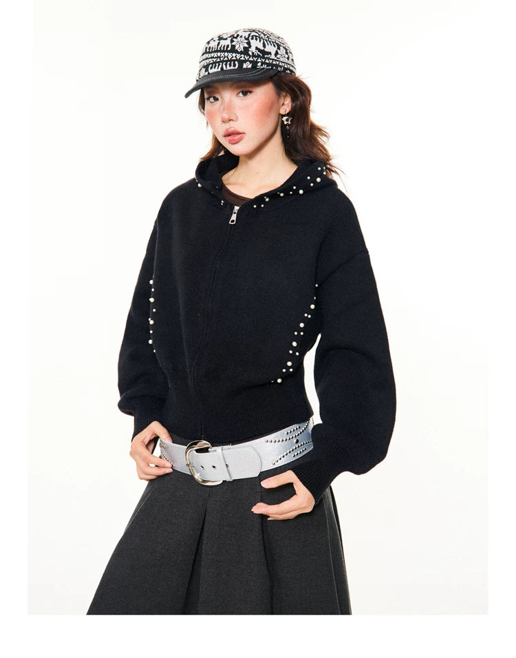 Pearl Embroidery Cropped Zipper Hoodie