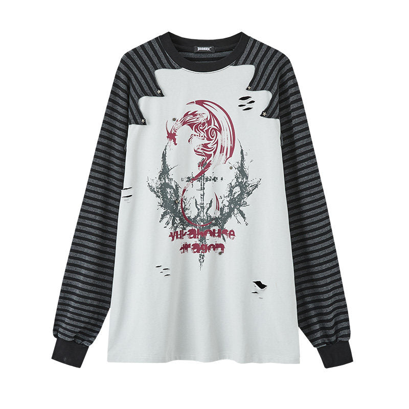 Raglan Stripe Damage Patchwork Long Sleeve T-Shirt