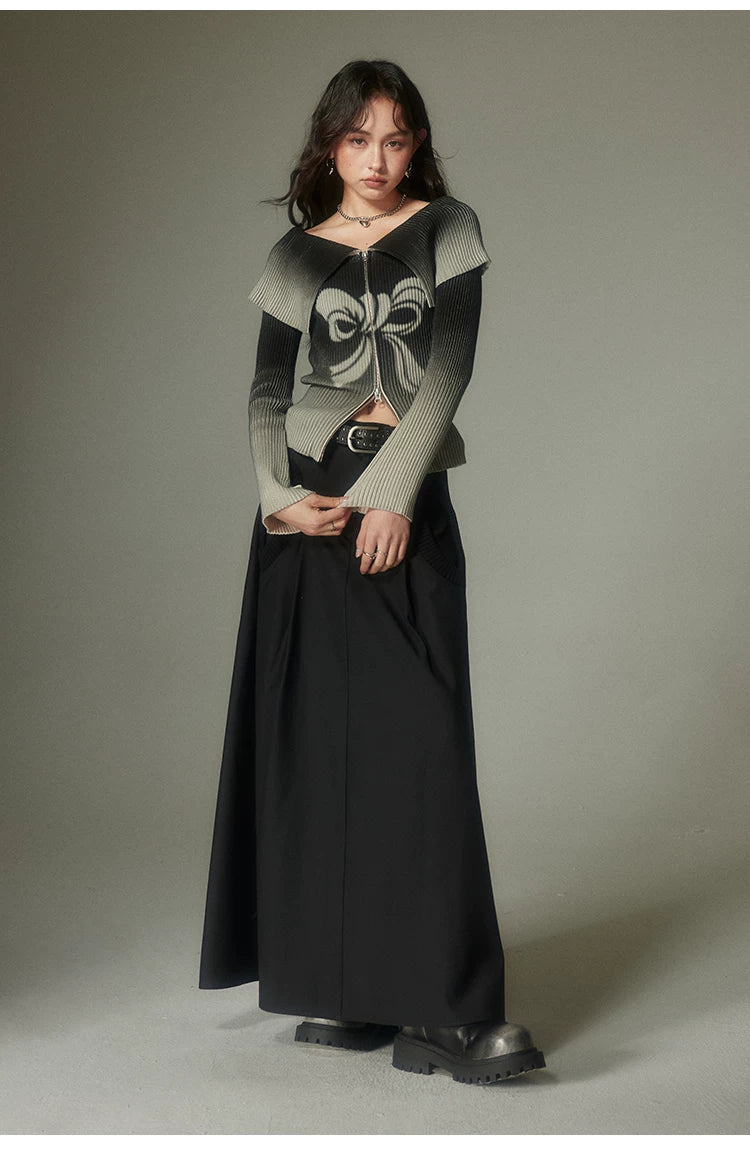 Bow Gradient Print Zipper Knit Sweater