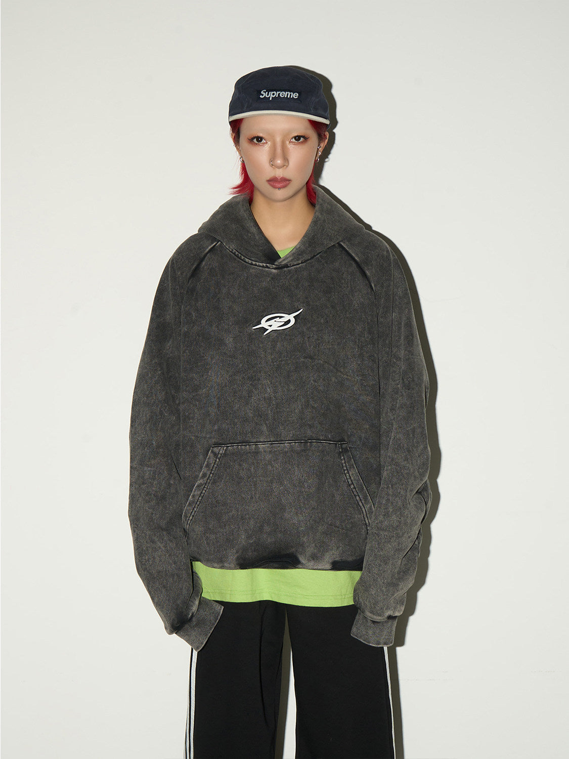 Washed Pleated Sleeve Oversize Pullover Hoodie
