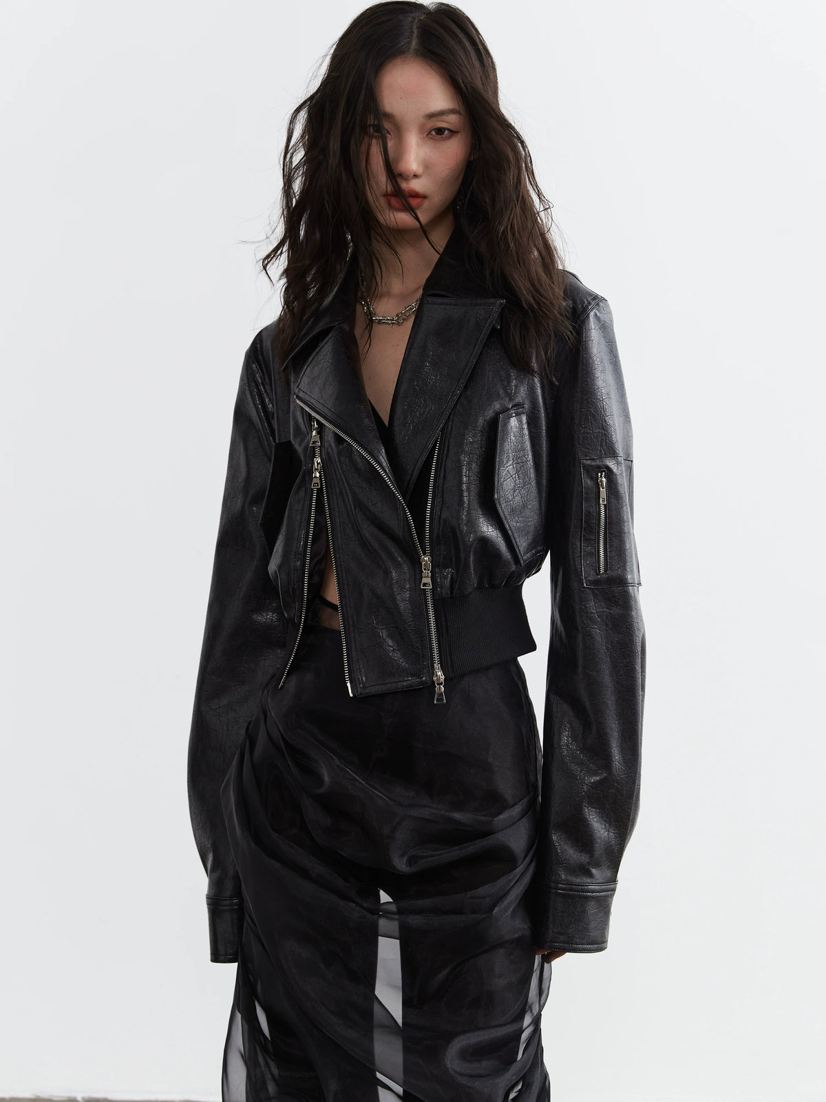 Zipper Decoration PU Leather Short Jacket