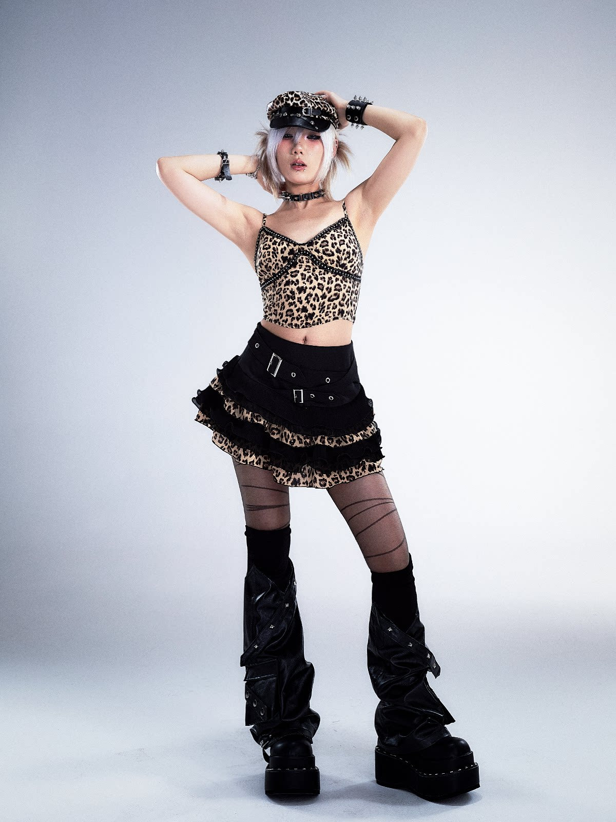 Leopard Patchwork Belted Tiered A-Line Skirt