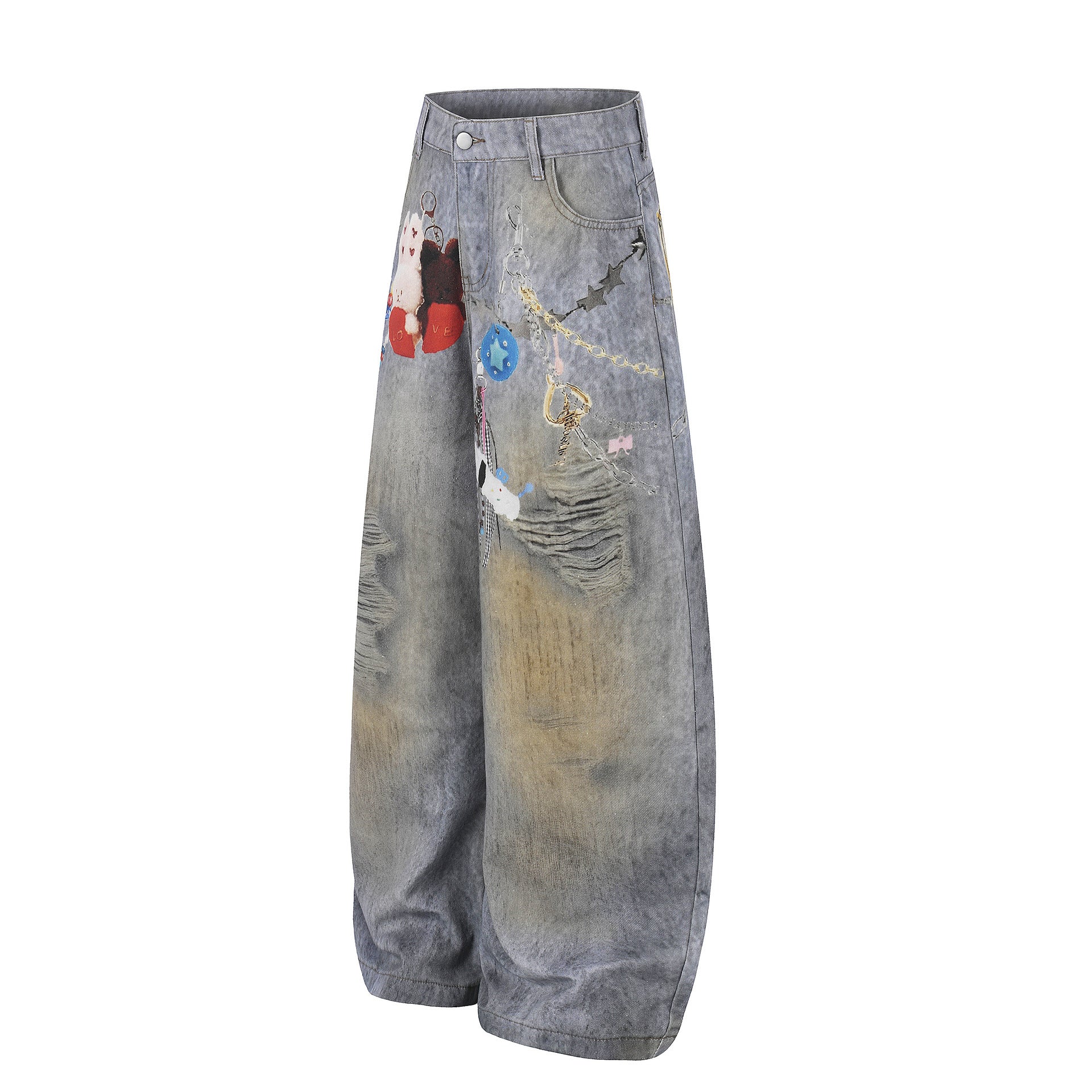 Washed Damage Embroidery Wide Leg Denim Jeans