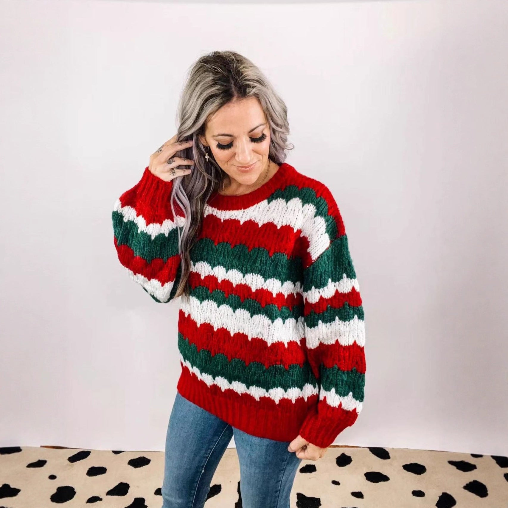 Christmas Crew Neck Striped Color-Blocked Sweater