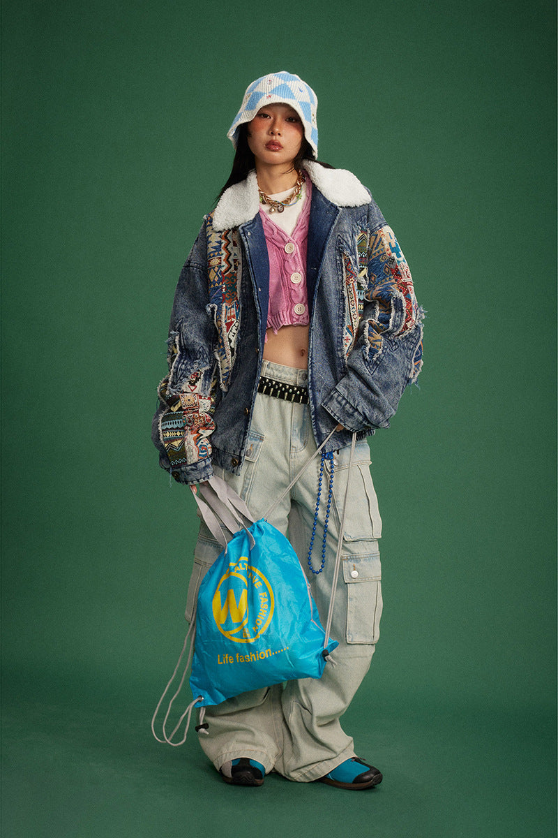Chaqueta acolchada vaquera de patchwork deconstruida