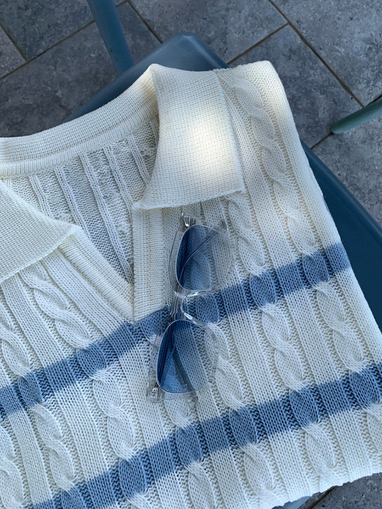 Cable Stripe Knit Lapel Short Sleeve Polo Shirt