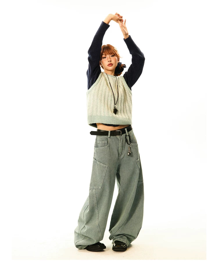 Stripe Pattern Wide Leg Denim Jeans