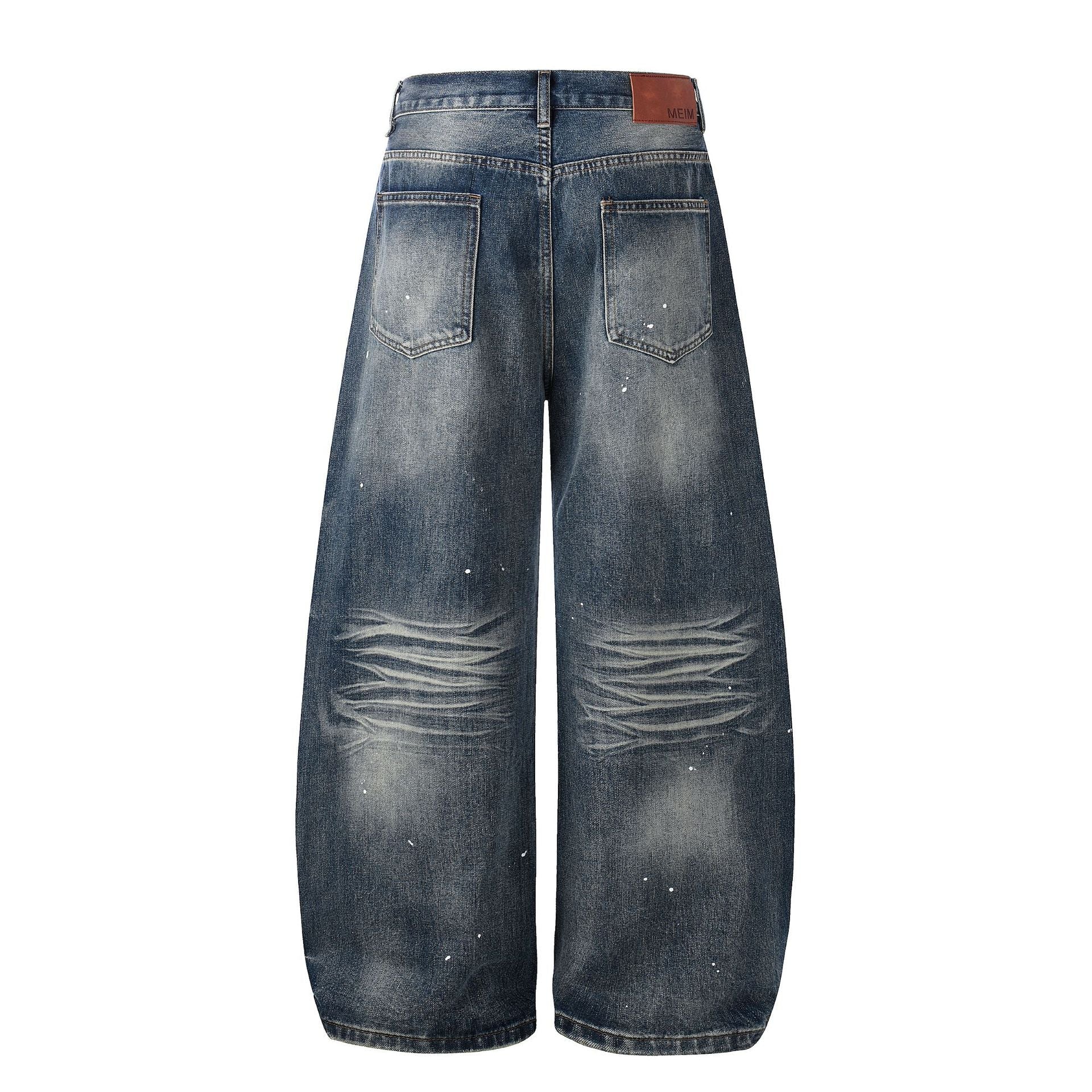 Washed Paint Rhinestone Wide Leg Curved Denim Jeans