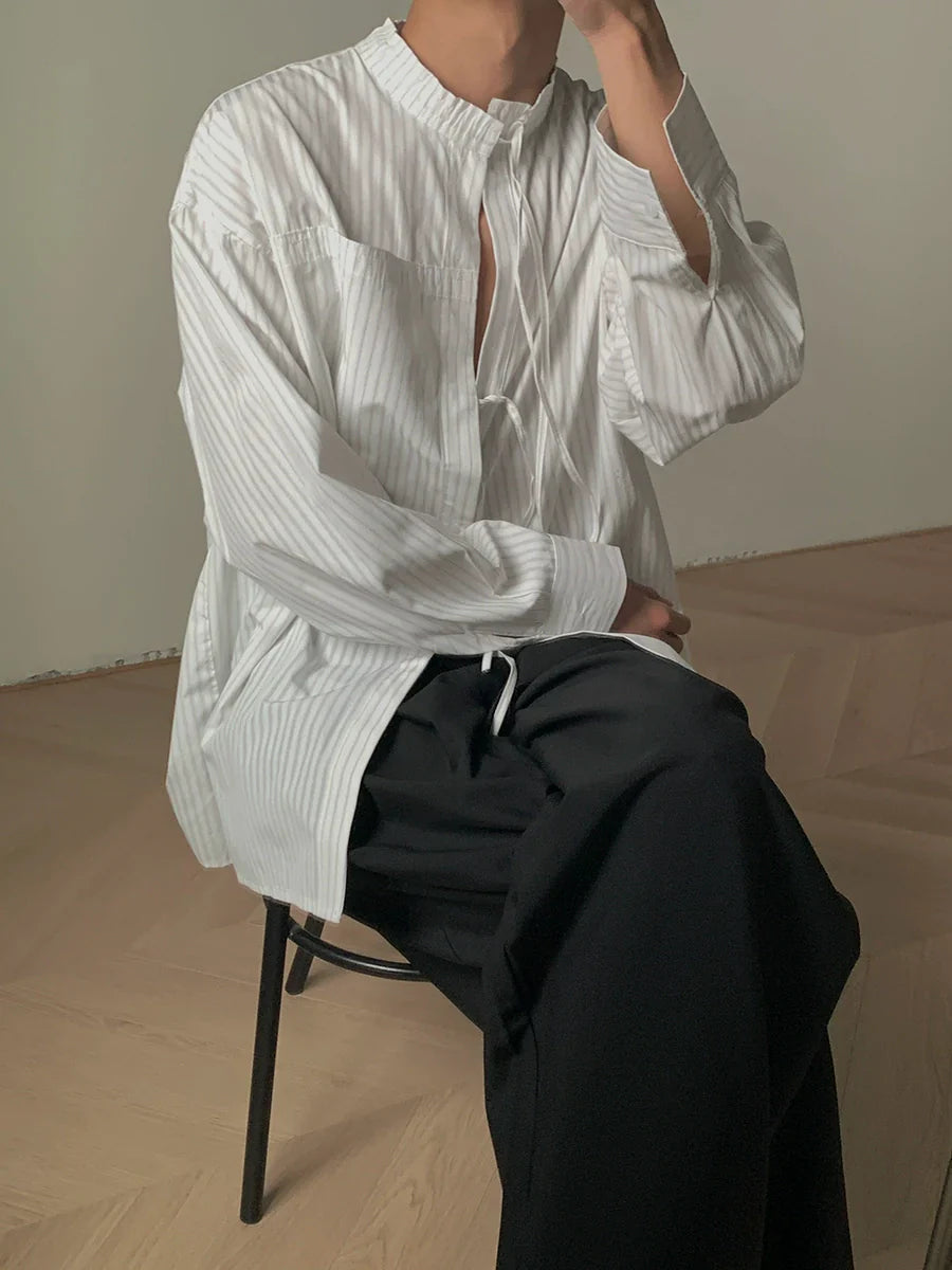 Drawstring Oversize Striped Long Sleeve Shirt