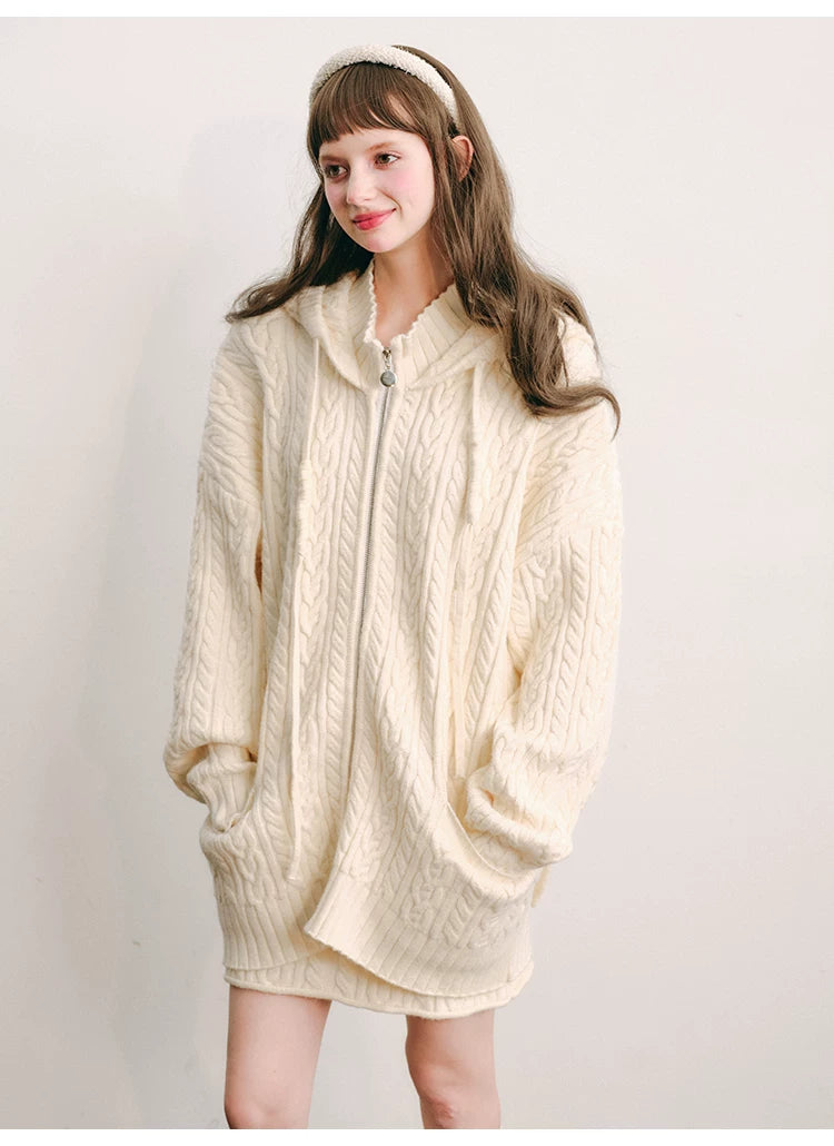 Bunny Hare Ear Hooded Zipper Knit Cardigan & Knit Skirt Setup