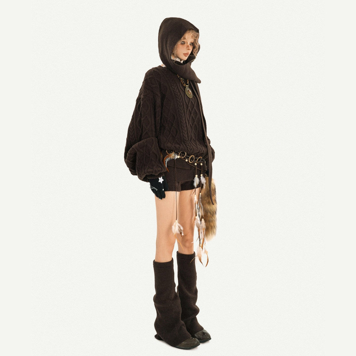 Oversize Knit Sweater & Low Waist Knit Short Pants & Shawl & Leg Warmers Setup