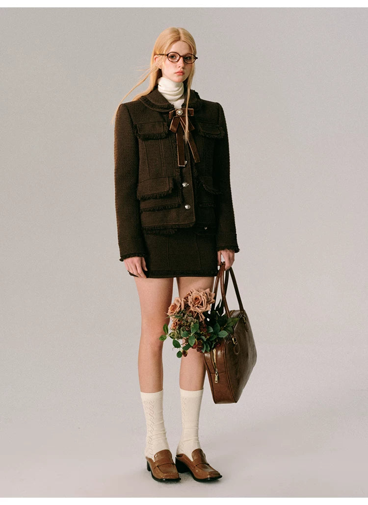 Bow Design Wool Blend Jacket & Short Skirt Setup