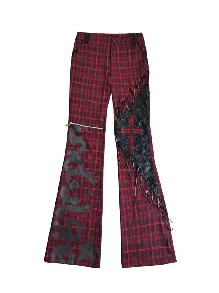 Tie-Strap Hollow-Out Plaid Patchwork PU Leather Pants
